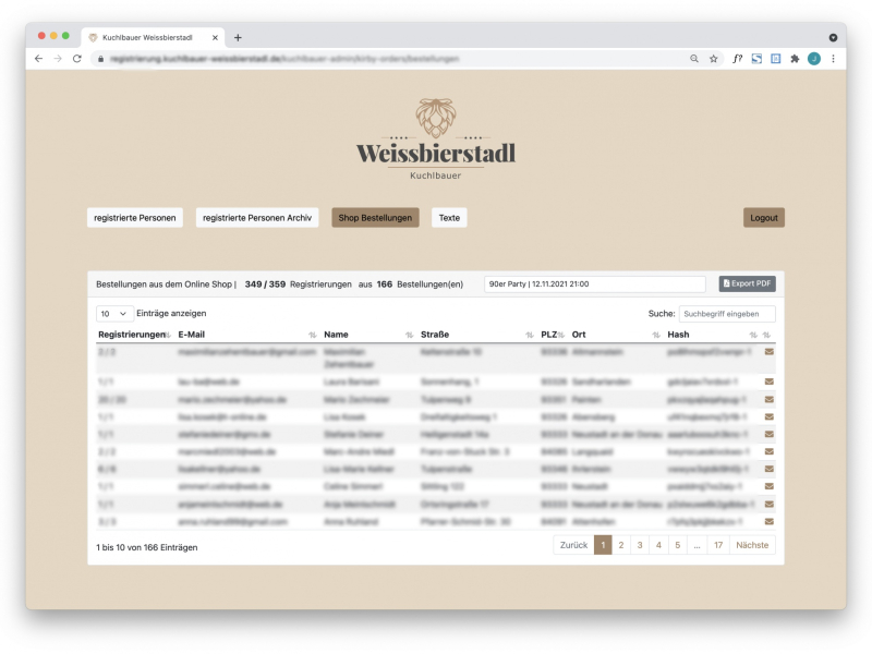 &Uuml;bersicht aller Bestellungen aus dem Shop